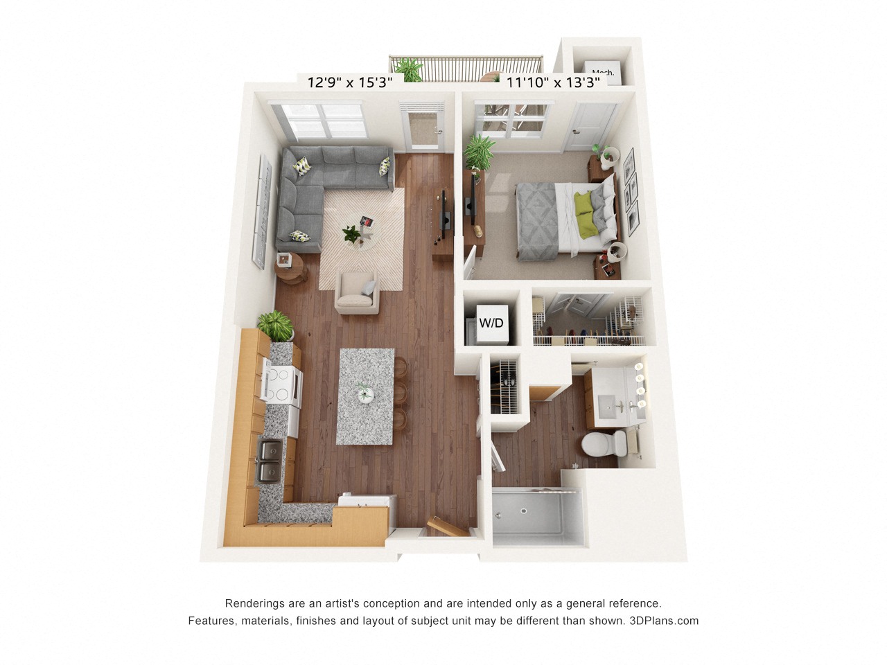 Floor plan for 1 bed, 1 bath, 645 sqft
